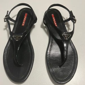 Prada Black Patent Logo Thong T-Strap Sandals in Black